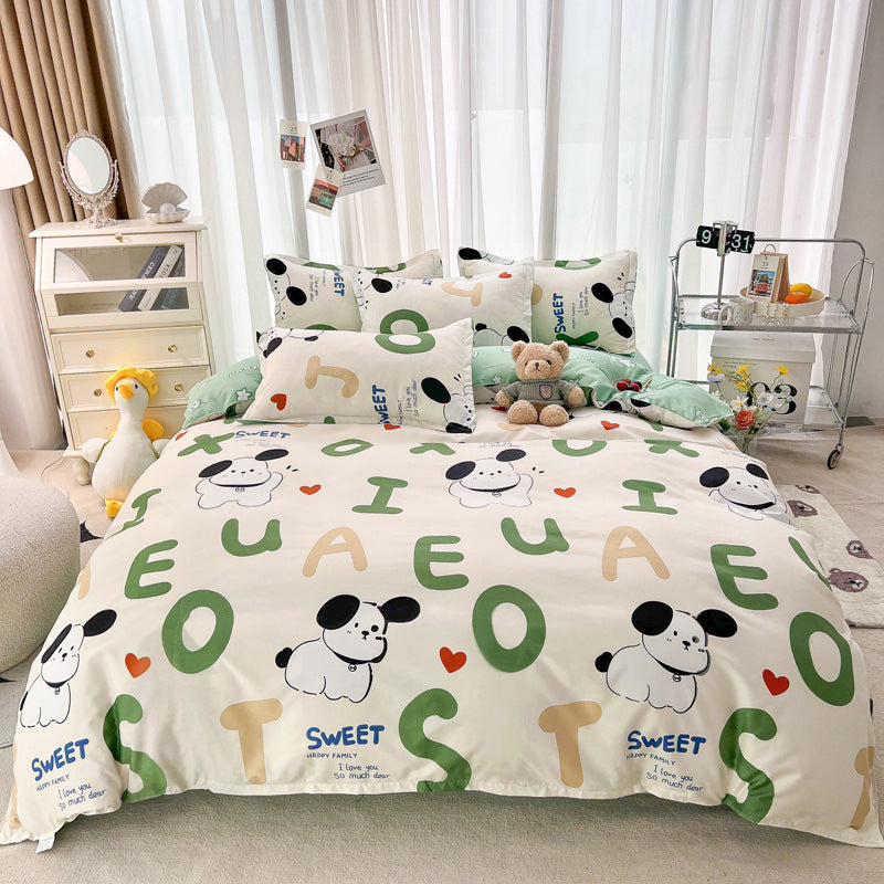 Playful dog and alphabet design bedding set with soft green tones