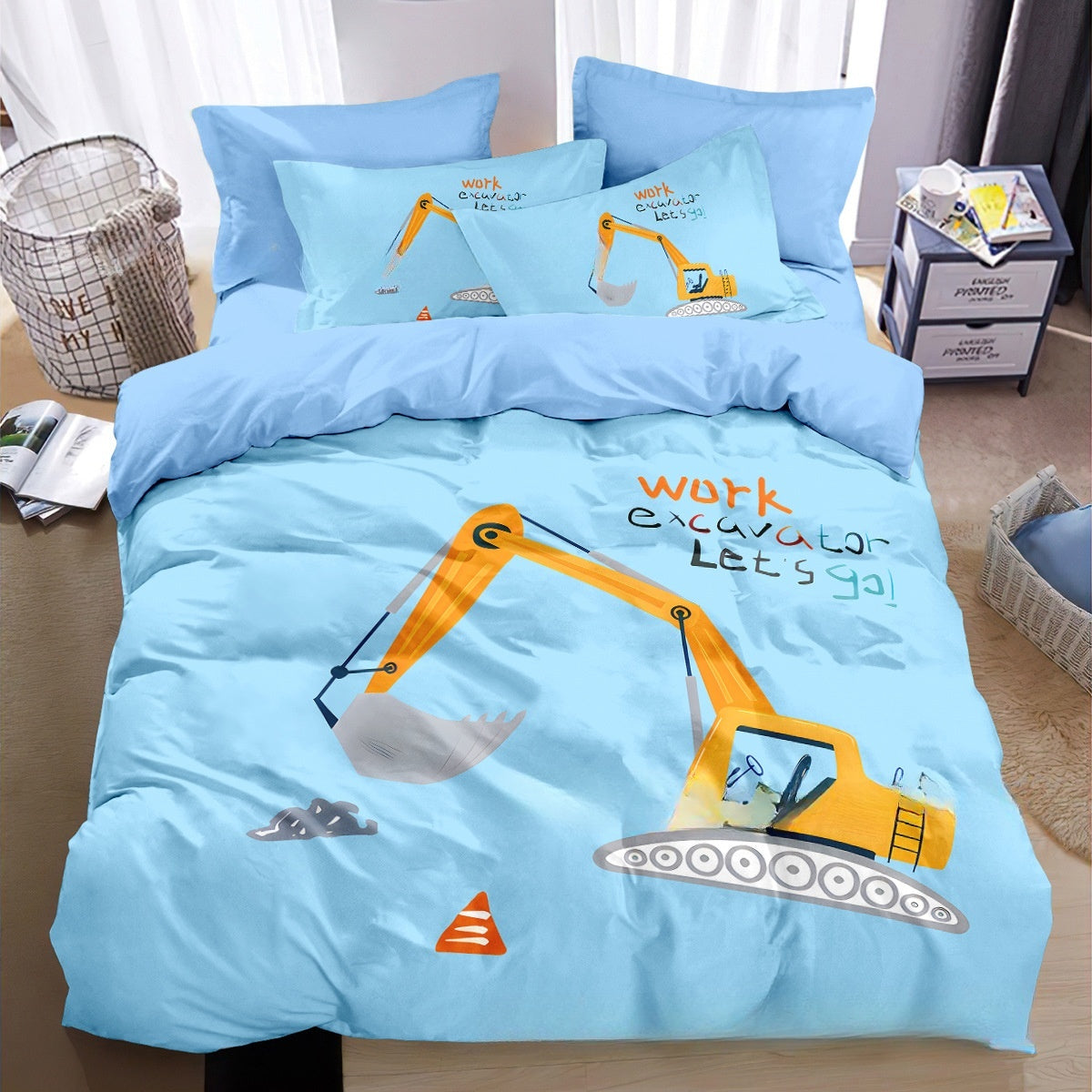 Playful excavator-themed bedding set