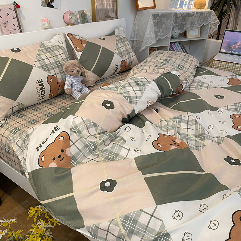 Cozy green and beige bedding set with bear and plaid patterns