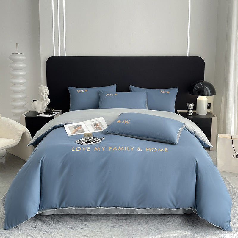 Elegant blue and gray bedding set with a contemporary style