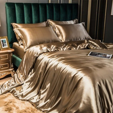 Elegant gold satin bedding set with a luxurious silky finish