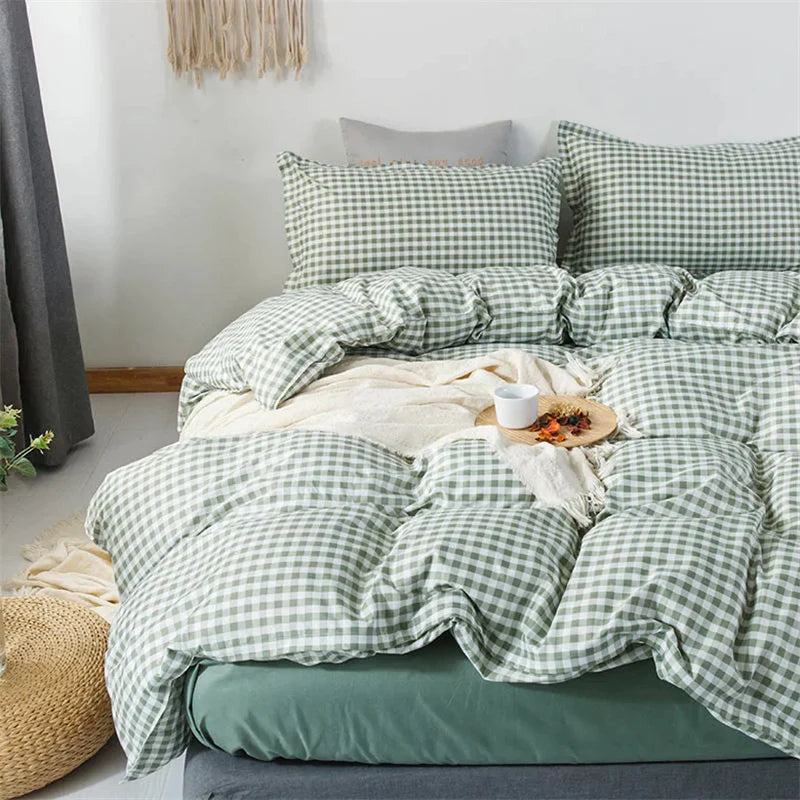 Cozy green and white checkered bedding set with soft pillows