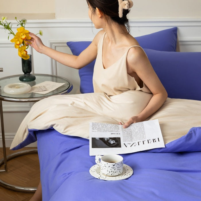 Elegant beige and blue bedding with a soft color contrast