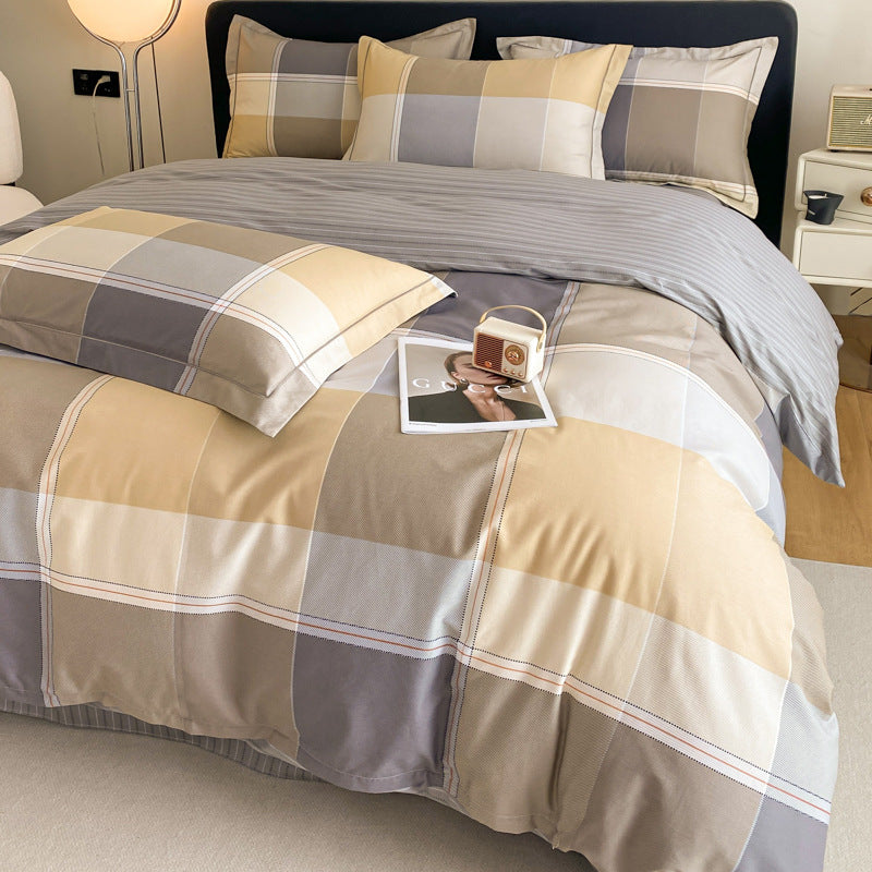 Elegant beige and gray plaid bedding set with a classic design