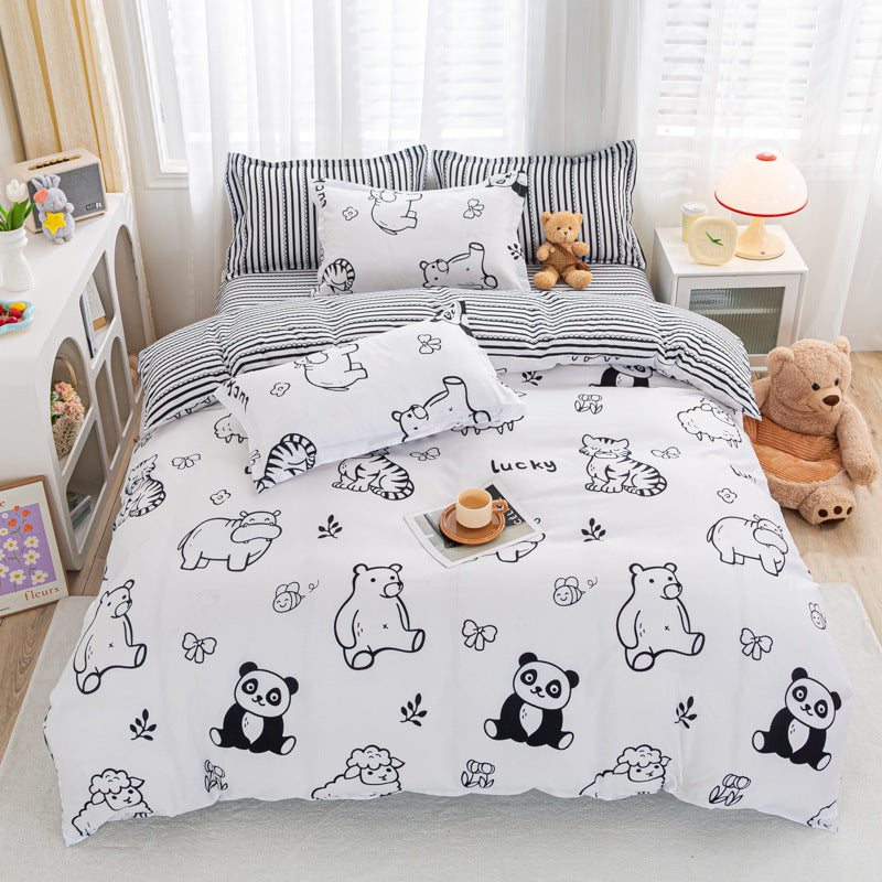 Black and white bedding set featuring animal illustrations