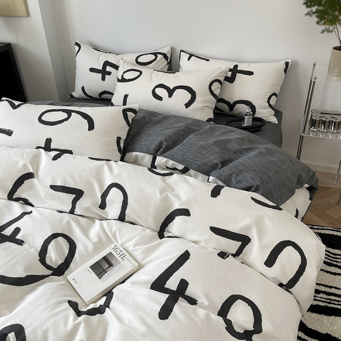 Bedding set with large black numbers on a white background