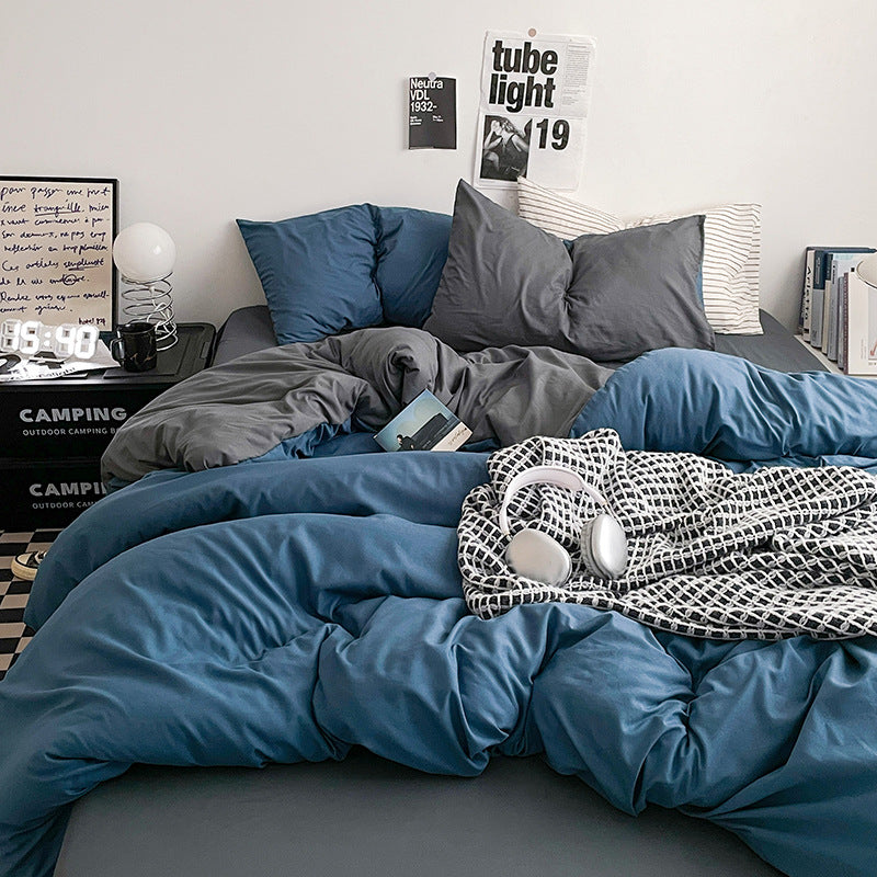 Stylish blue and grey bedding set with cozy blanket and pillows