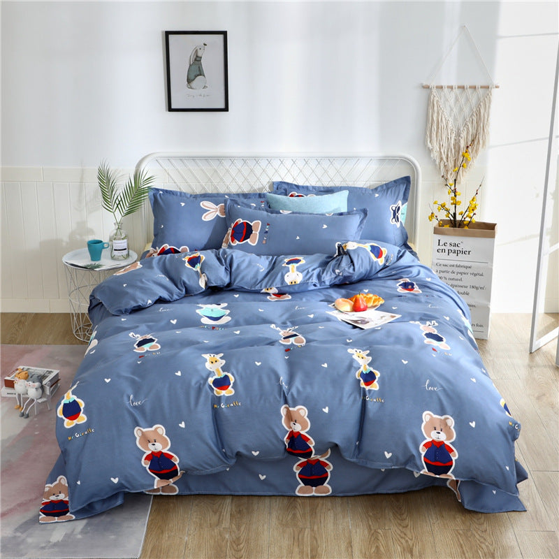 Blue bedding set featuring bears and animals with heart patterns