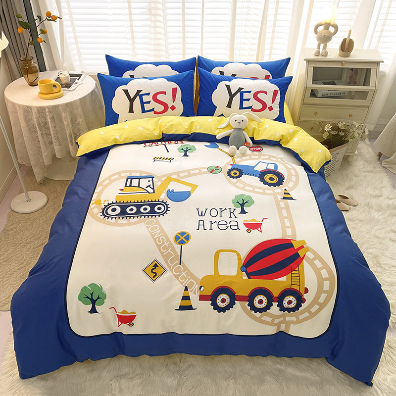 Fun blue bedding featuring construction trucks, roads, and signs