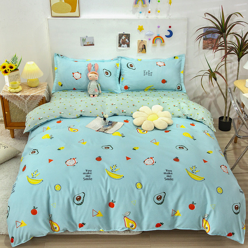 Light blue bedding set with colorful fruit and playful design