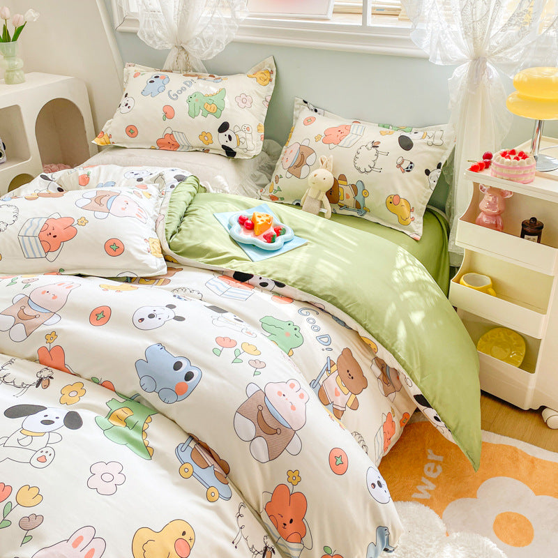 Adorable bedding set with cartoon animals and green accents