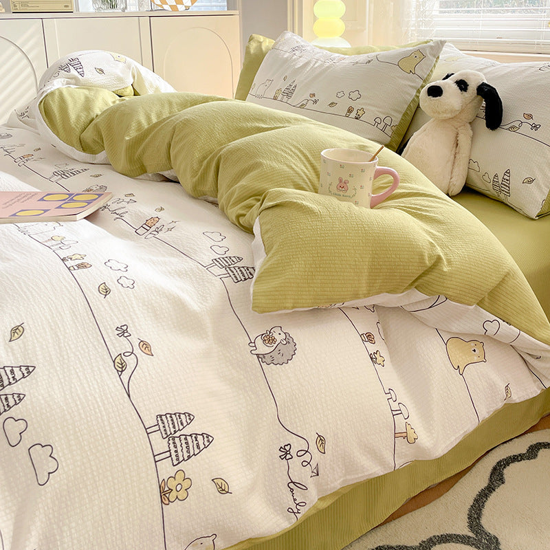 Cartoon animal and nature design bedding set with light green accents