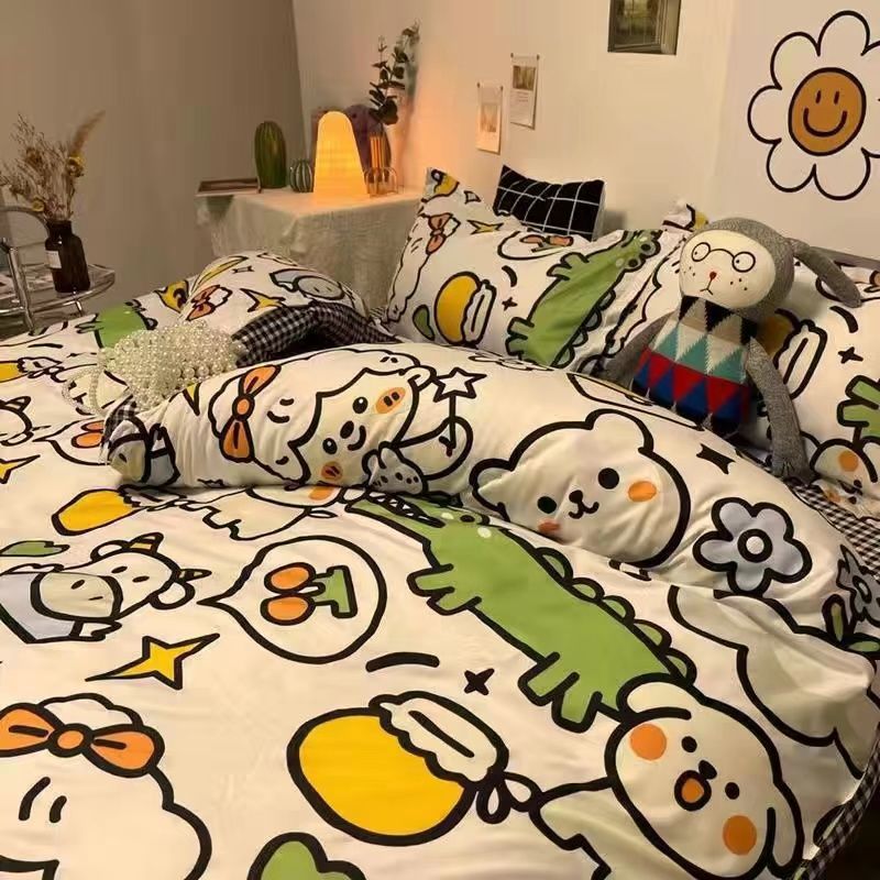 Bedding set featuring cartoon animals and food illustrations in bright colors