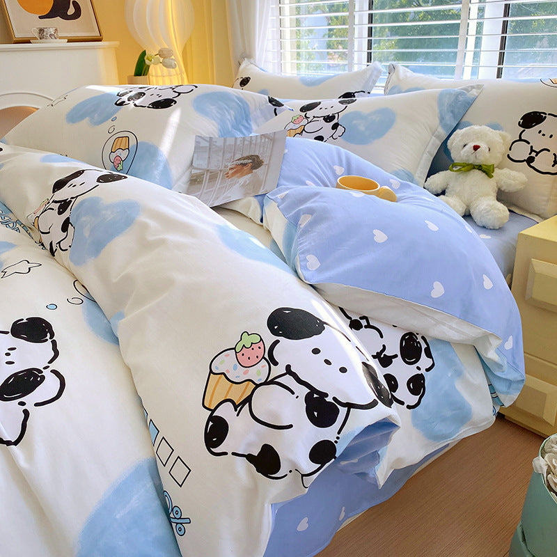 Cute cartoon dog bedding set with blue and white accents and hearts