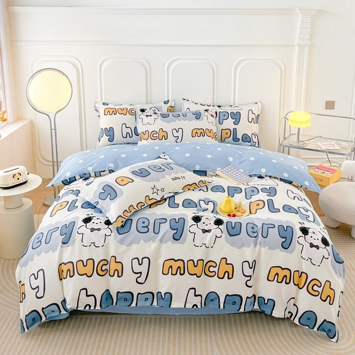 Colorful bedding set with happy dog design and blue accents