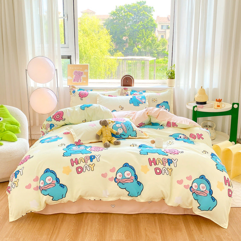 Cheerful cream bedding with blue cartoon characters and text