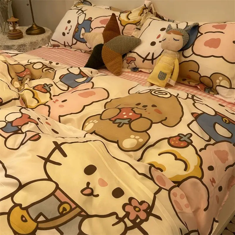 Adorable pink and beige bedding set featuring cute animal designs