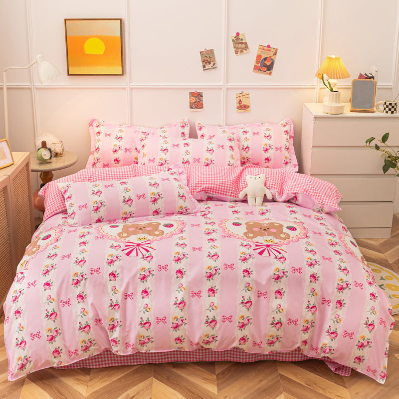 Adorable pink bedding set with bear and floral patterns