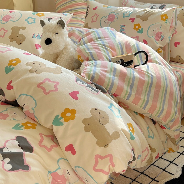 Playful white bedding set with colorful animal and heart prints