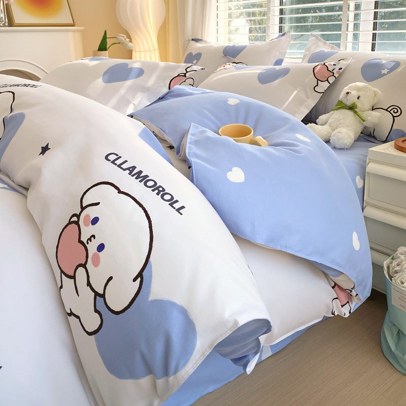 Soft blue bedding set featuring adorable cartoon characters