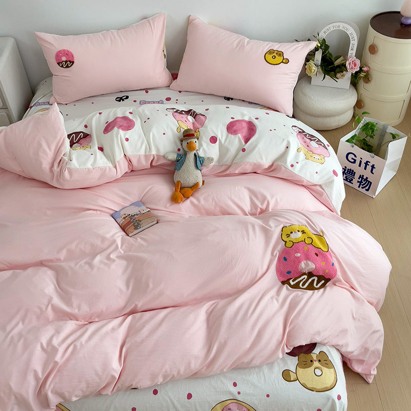 Pink bedding set with dessert themes and cute animal illustrations