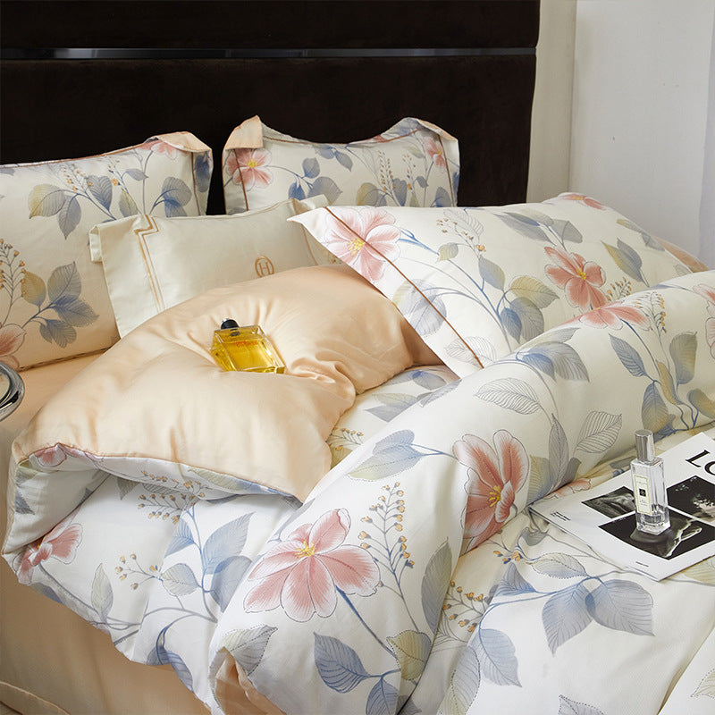 Elegant floral bedding set with soft pink and beige accents