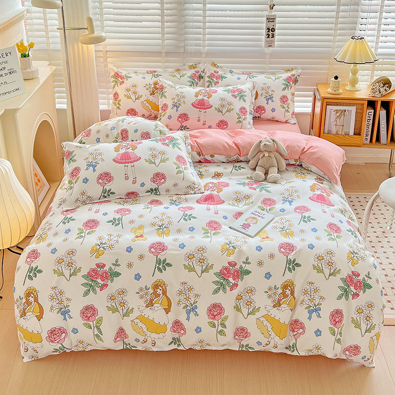 Bedding set with floral designs and doll patterns in pastel colors