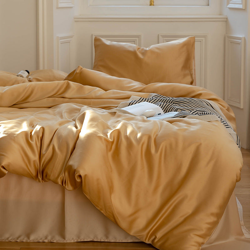 Luxurious satin bedding set in gold with a silky texture