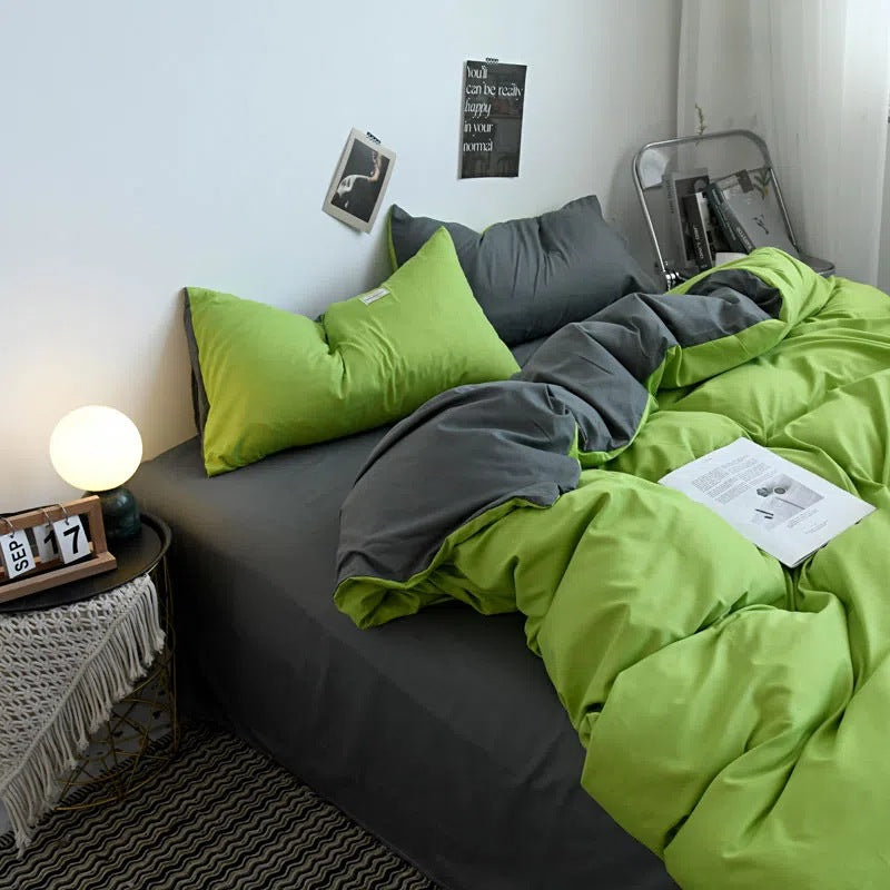 Stylish bedding set with green and grey color blocks for a modern look