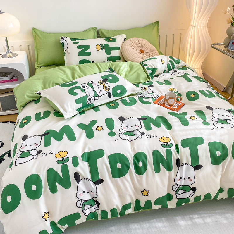 Green and white bedding set with playful cartoon characters and text