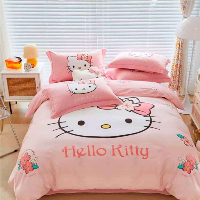 Pink Hello Kitty bedding set with floral details and cute design