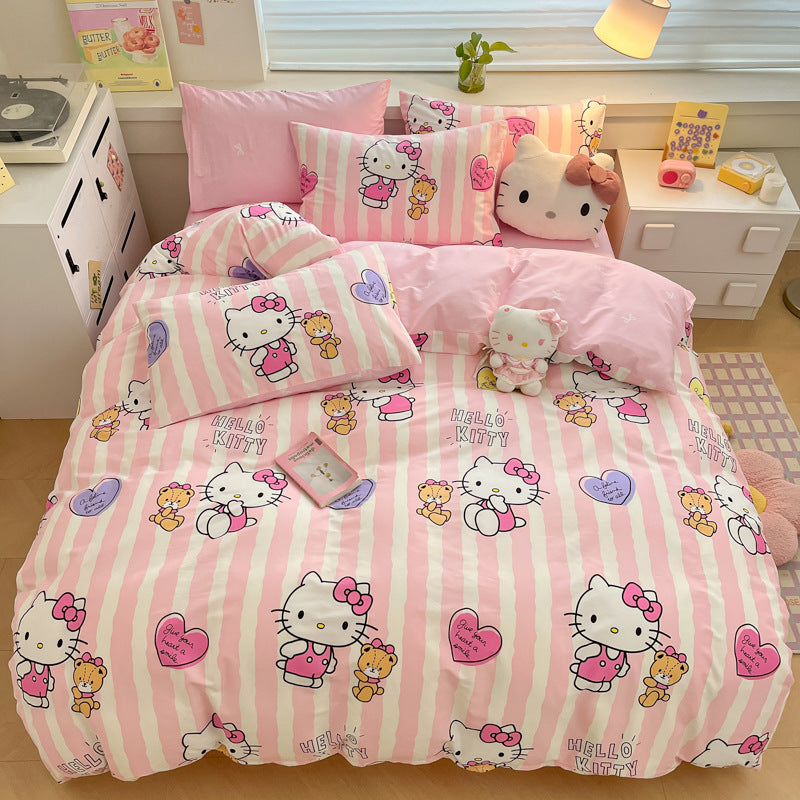 Cute Hello Kitty bedding with pink stripes, hearts, and friends