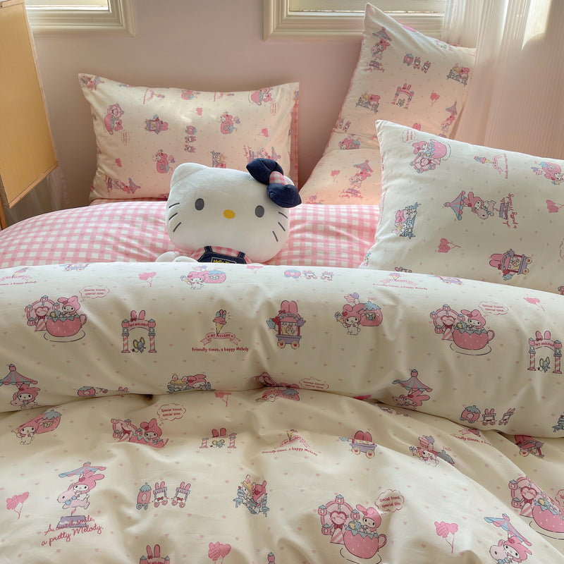 Cute Hello Kitty and friends themed bedding set in pink