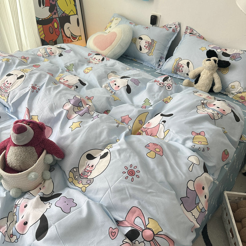 Light blue bedding set with cute cartoon dog and fun elements