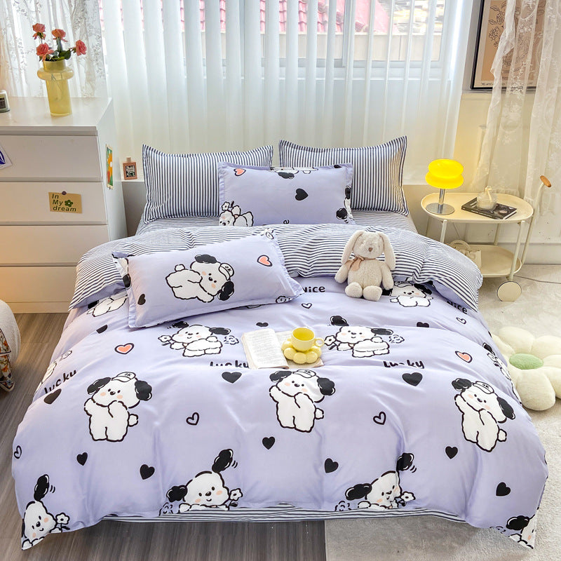 Playful light purple bedding set with dog prints and hearts