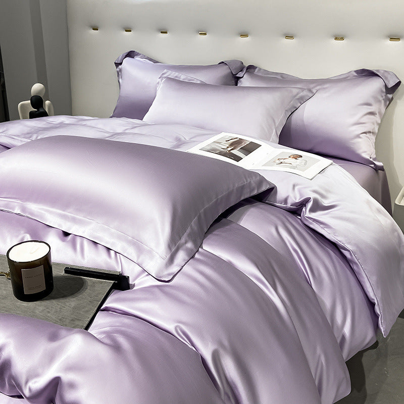 Smooth lavender satin bedding set with matching pillows