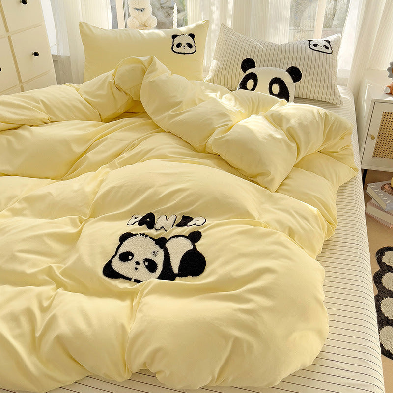 Cozy yellow bedding set with cute embroidered panda design