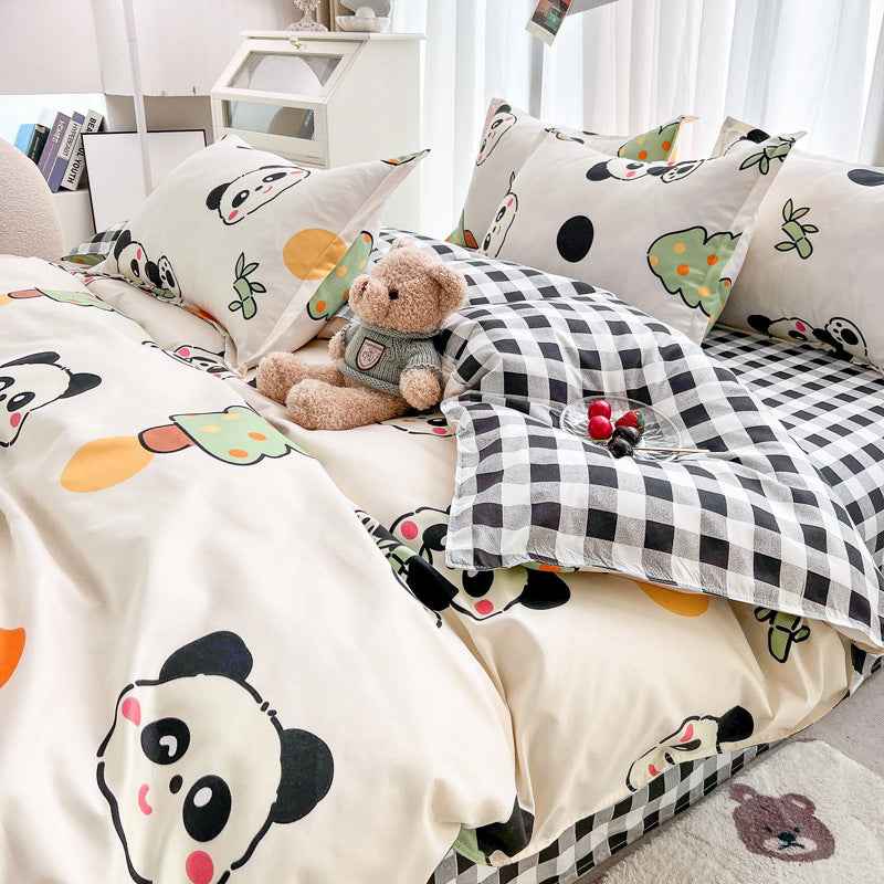 Fun panda-themed bedding set with checkered blanket and playful designs