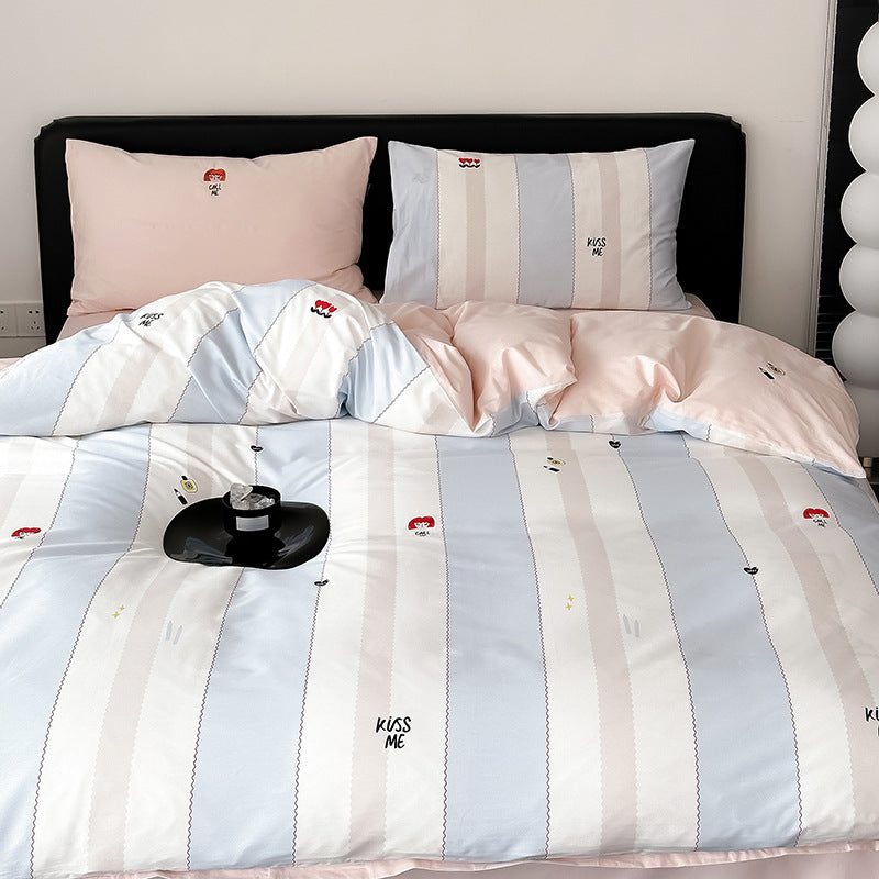 Soft pastel striped bedding set with cute character details