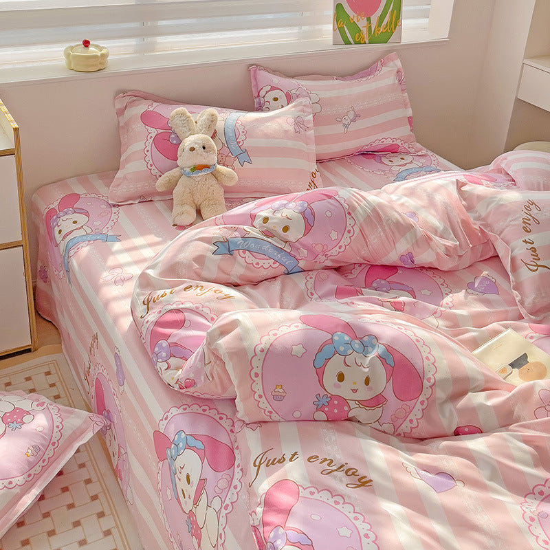 Pink cartoon bedding set featuring a cute bunny character