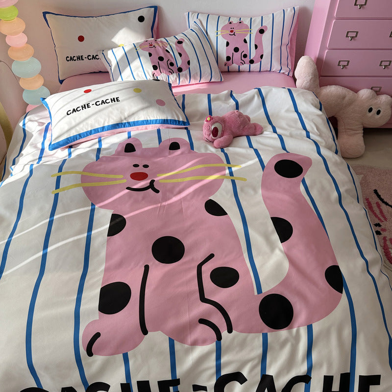 Colorful pink cat design bedding with striped and playful details