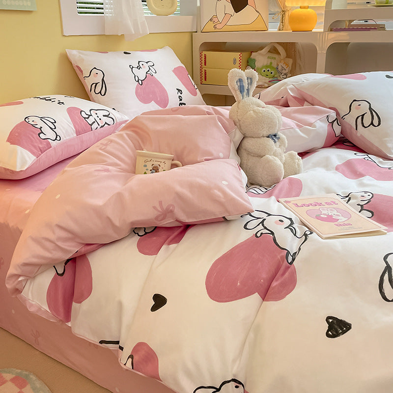 Adorable pink bedding set with rabbit and heart patterns