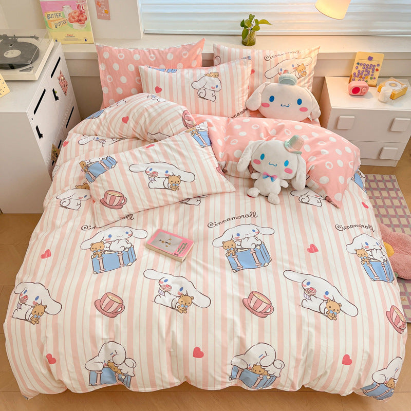 Cozy pink bedding set with striped pattern and cute characters