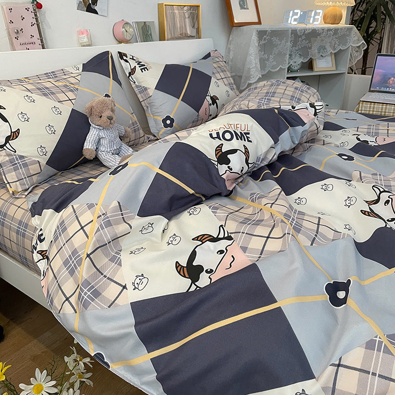 Cozy blue and beige plaid bedding set with cow print and soft fabric