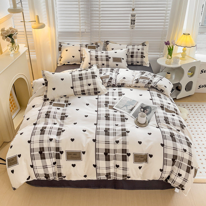 Elegant black and white plaid bedding set with heart pattern