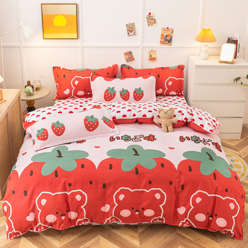 Cute red bedding set with strawberry and bear patterns