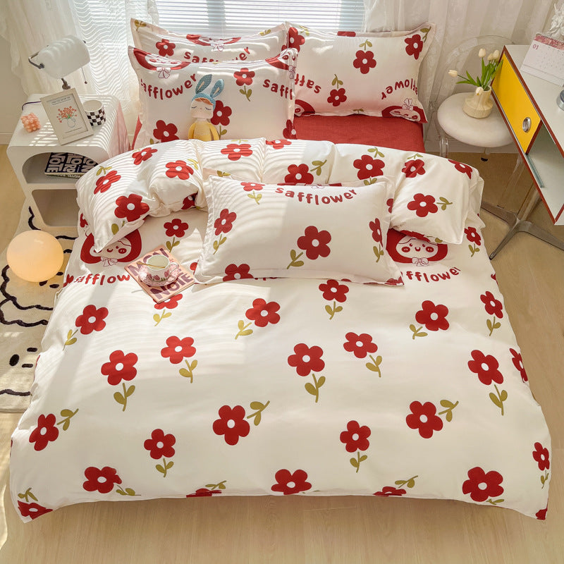 White bedding set with red safflower floral print and cozy design