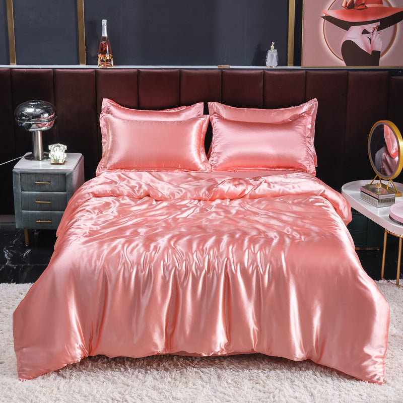 Elegant peach satin bedding set with smooth finish and shine