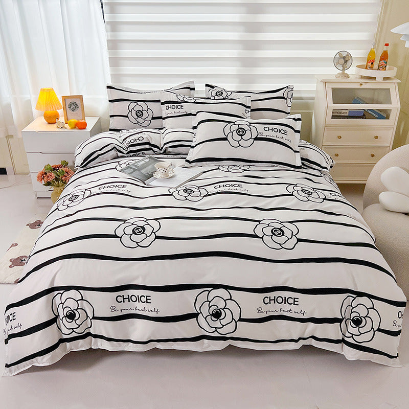 Elegant white bedding set with black flowers and stripes