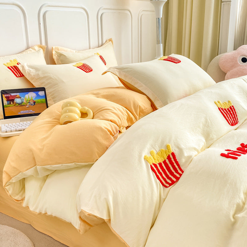 Playful white bedding set with embroidered french fries design